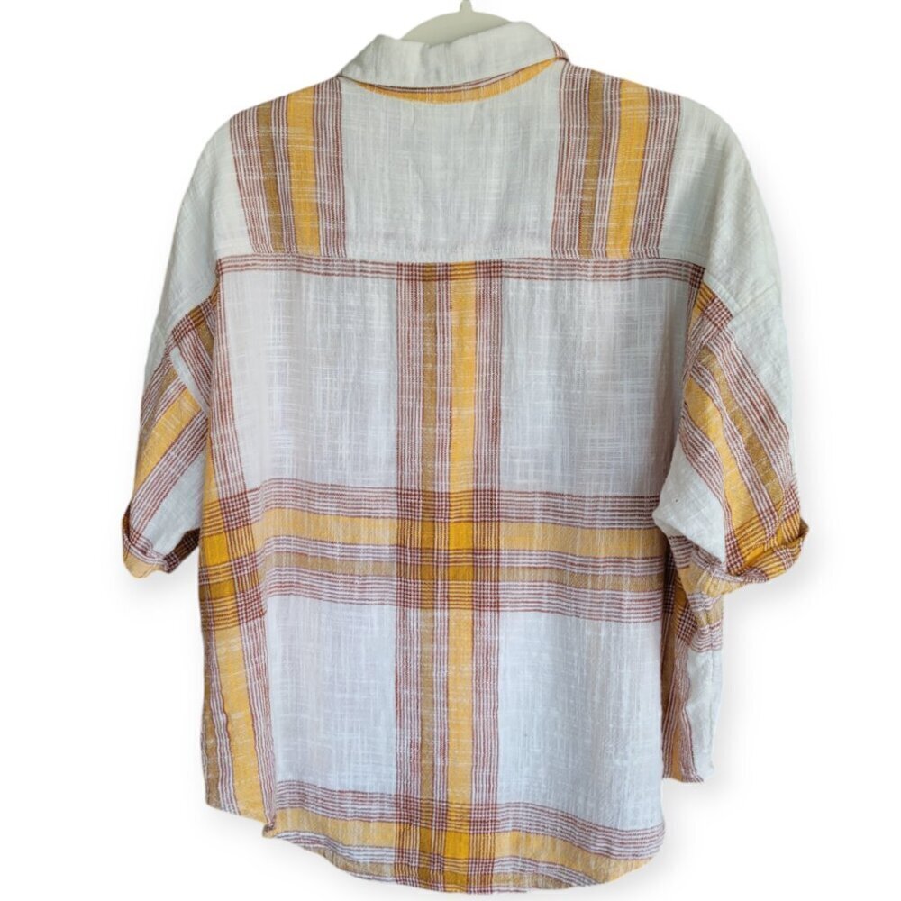L*Space Isle Sun Plaid Button-Up Shirt Cream Orange S – Relaxed Summer Beach Sty - Picture 5 of 11